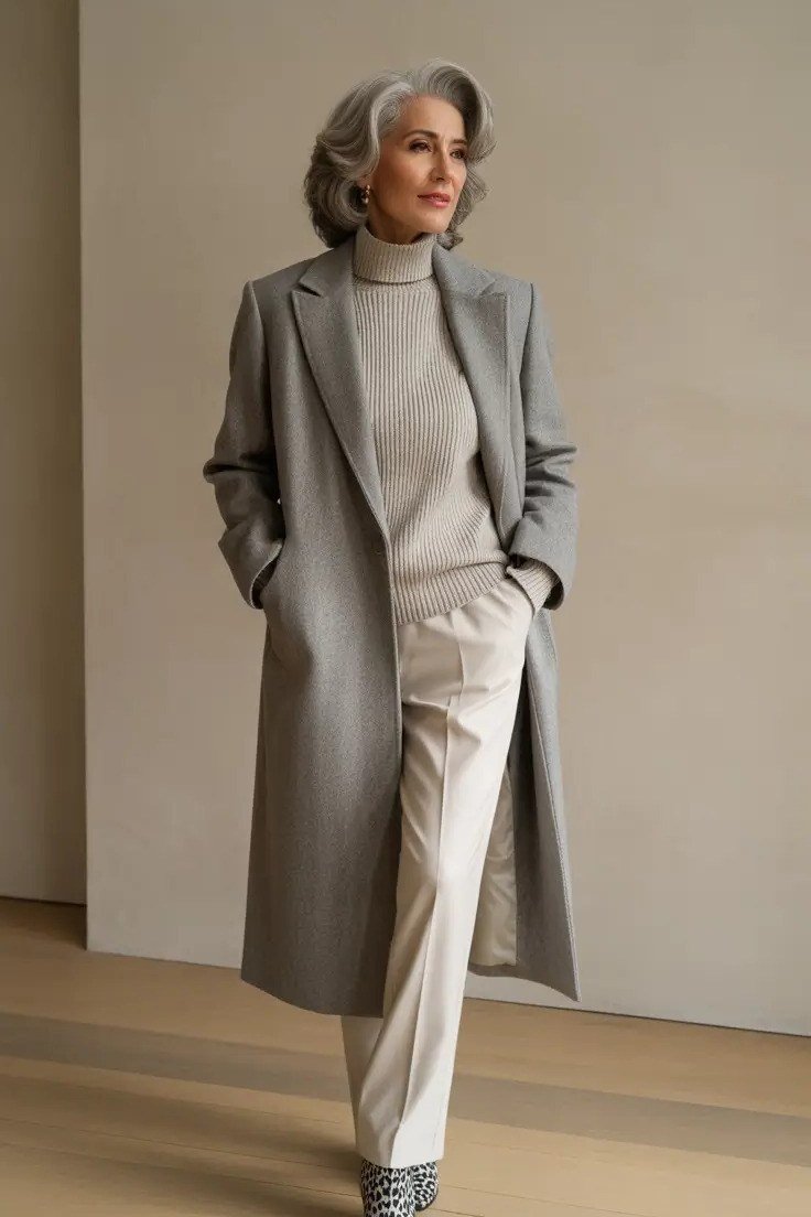 Long gray coat over a cream turtleneck and cream trousers for women over 50 at work