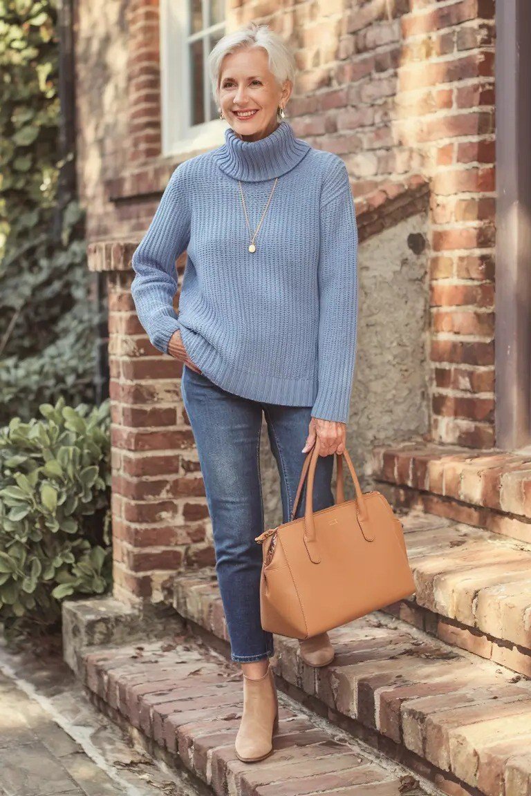 older woman in light blue turtleneck with blue jeans, tan ankle boots and tote bag