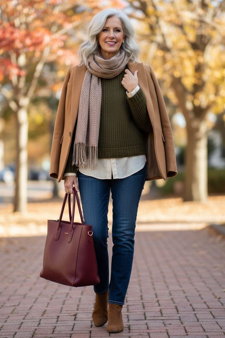 Tan Suede Jacket with Olive Sweater - fall outfit for women over 40