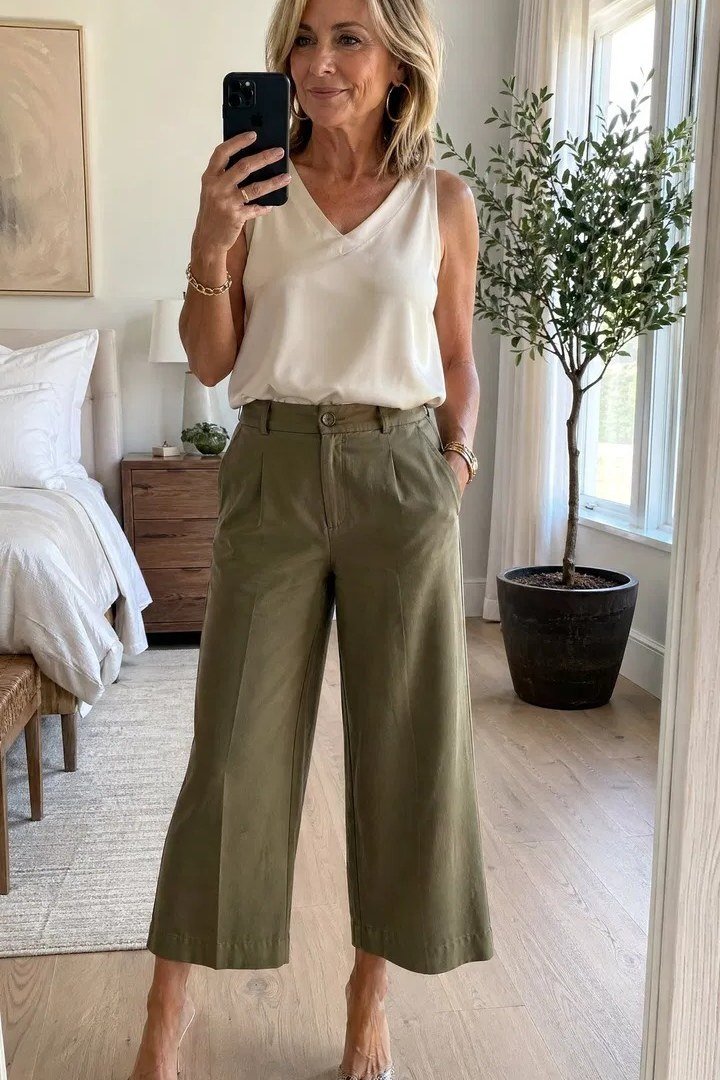 white cowl neck top olive culottes women over 50