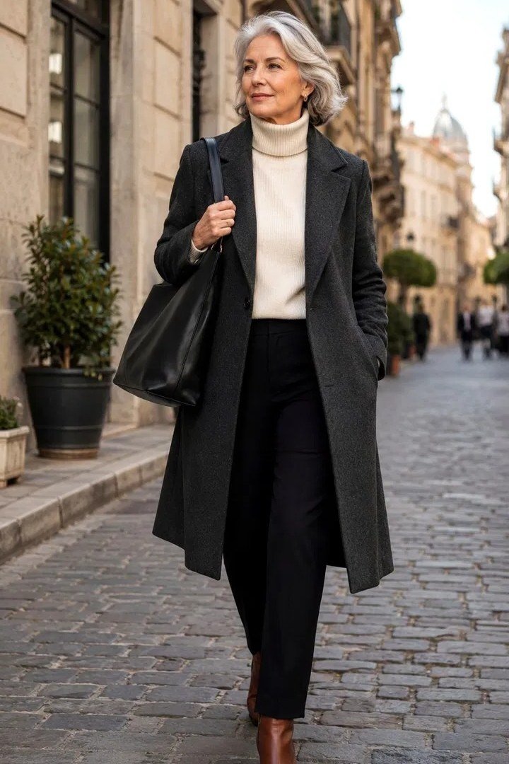 Effortlessly chic fall outfit for women over 60: dark grey coat over cream turtleneck