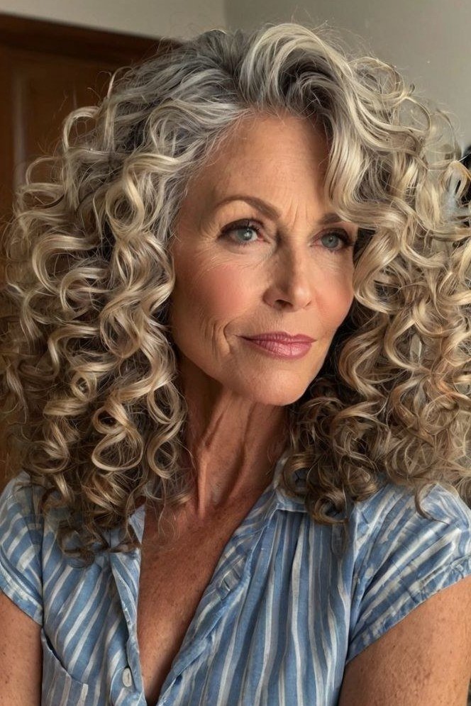 Long blonde curly layers for older women