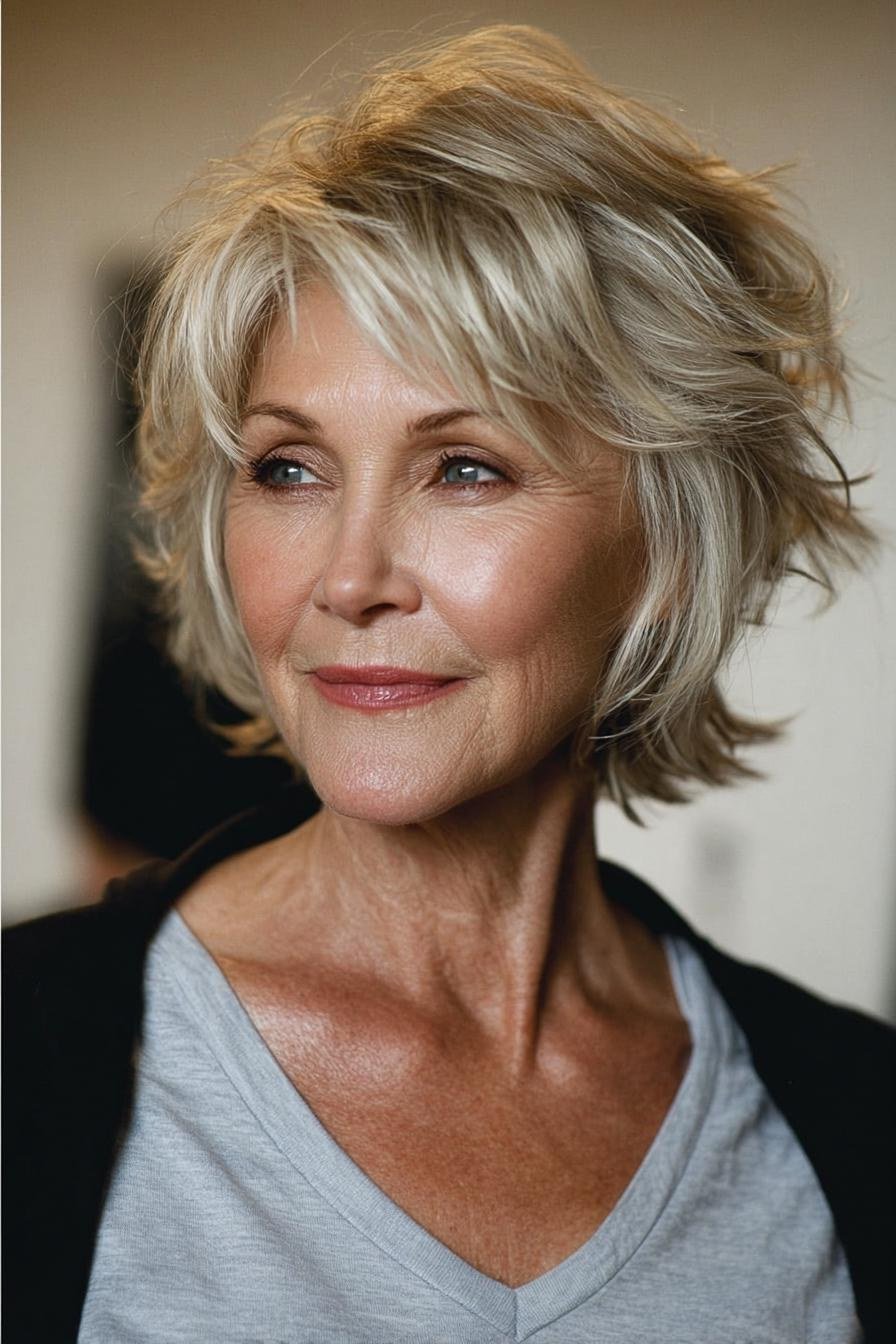 Honey blonde shaggy haircut with movement for women over 60