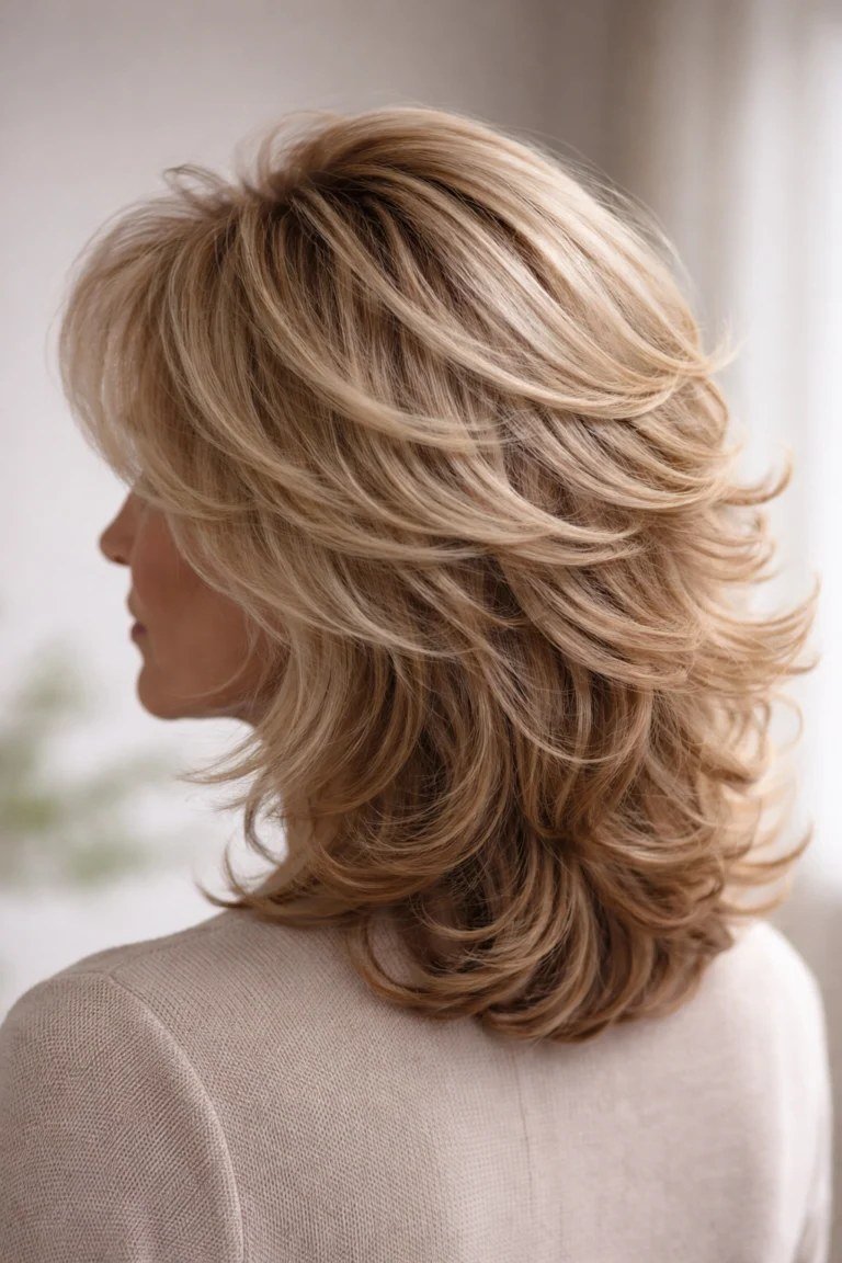 Layered medium-length haircut showing stacked layers from the side and back, for women over 50