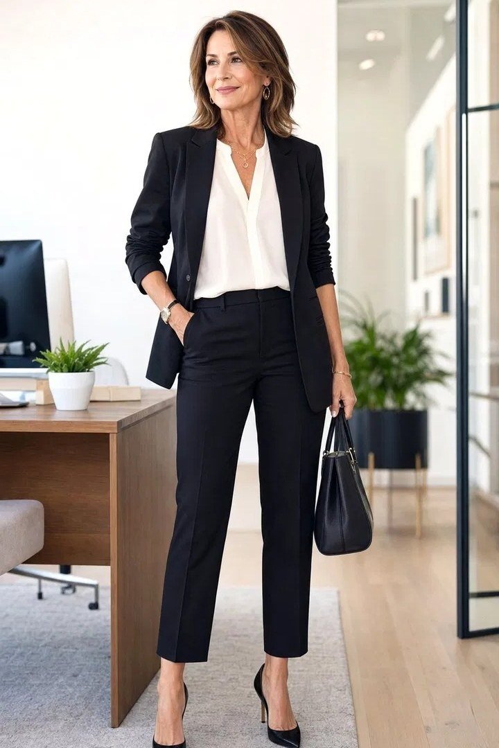 Black Blazer with White Shirt and Black Trousers at the Office - business outfit for women over 50