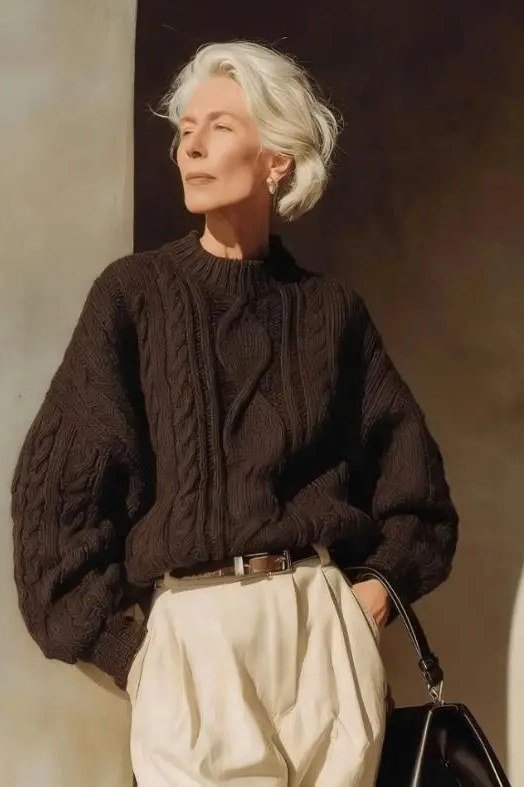Chocolate-brown cable-knit sweater with cream wide-leg trousers, cozy sweater outfit idea for women over 70