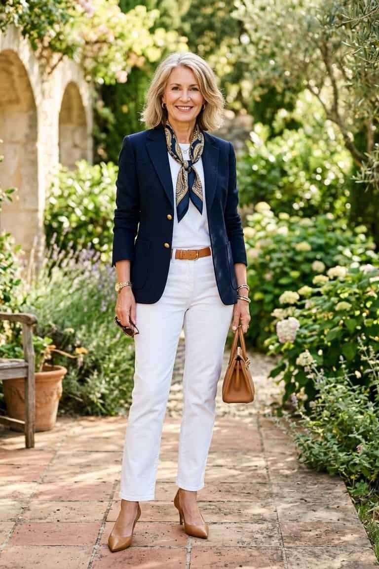 Woman over 50 wearing Navy blazer with white jeans, brown bag and scarf in a garden.