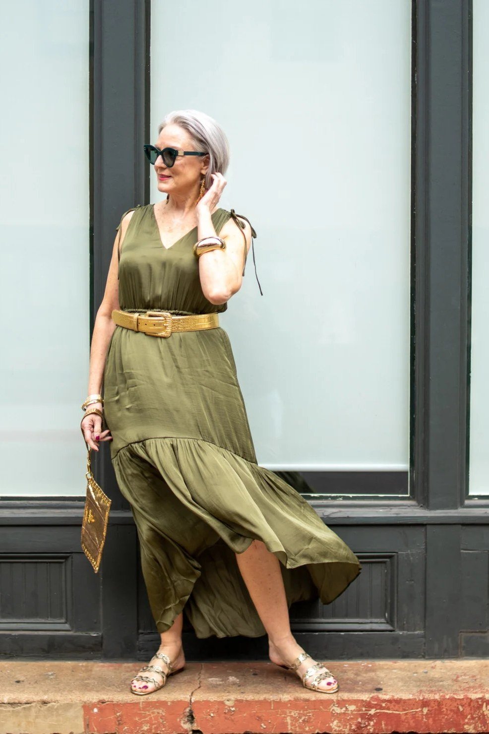 Olive Green Belted Sleeveless Midi summer outfit idea for women over 60