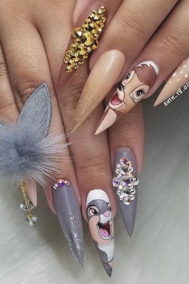 Long stiletto nails with Bambi portraits on grey and pink with gold glitter