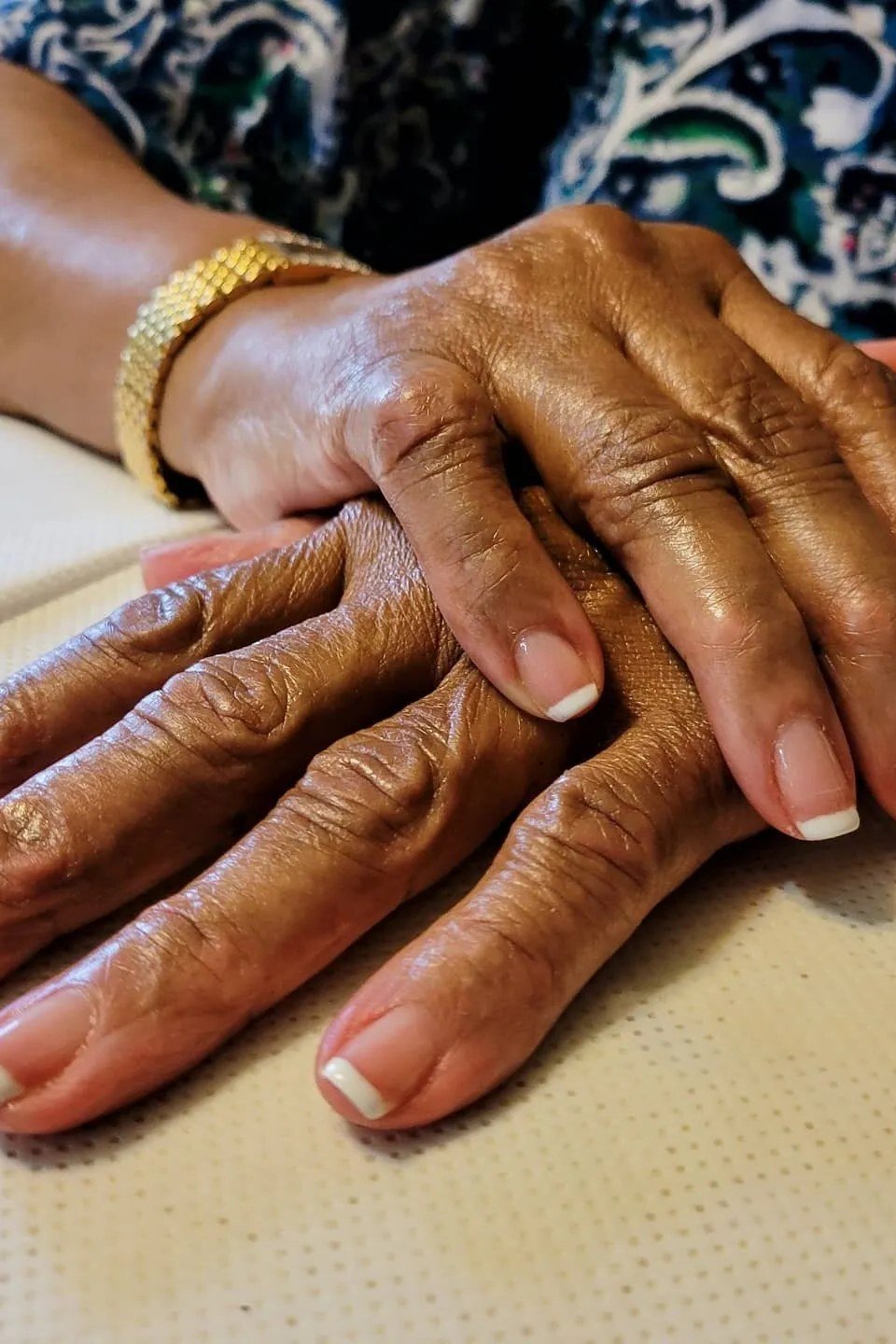 French Tips on Deep Skin with Gold for women over 70