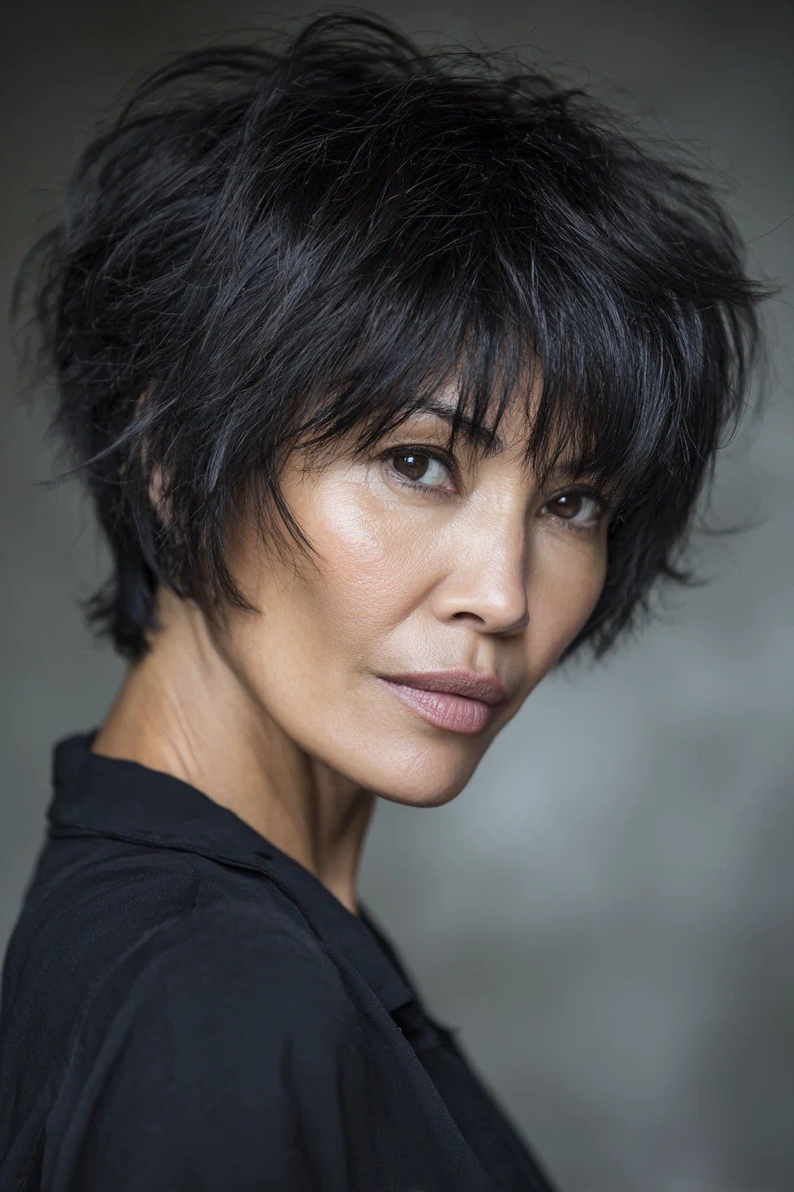 Black choppy shag bob with bangs for women over 60, front view