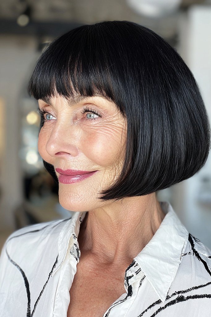 Jet-black french bob with full straight bangs