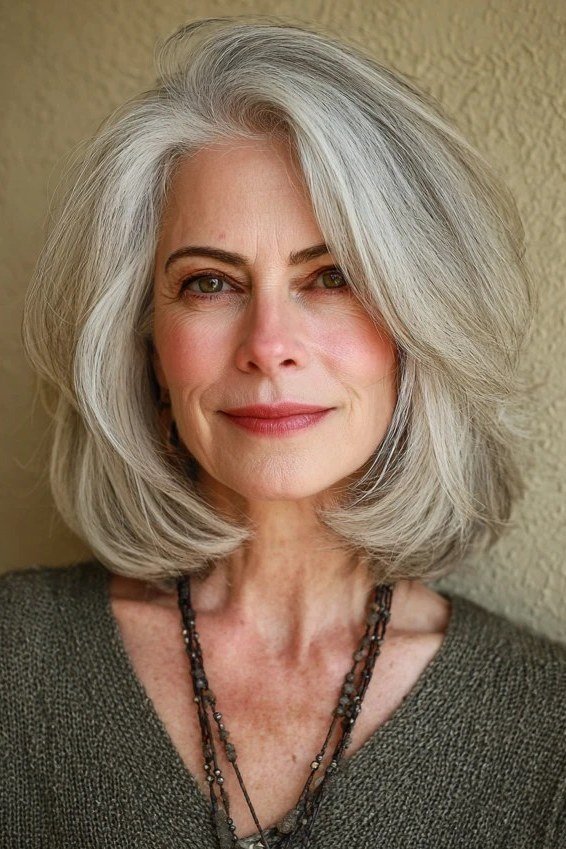 Layered Silver Bob - grey hairstyle for women over 60