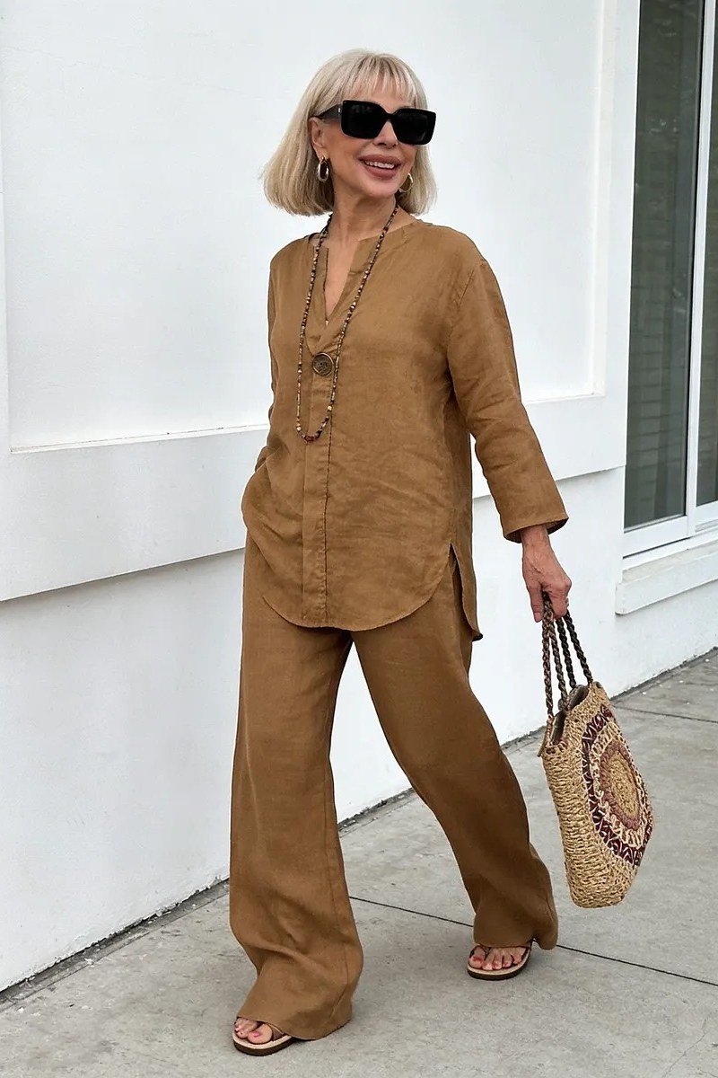 camel tunic wide leg pants fall outfit over 50