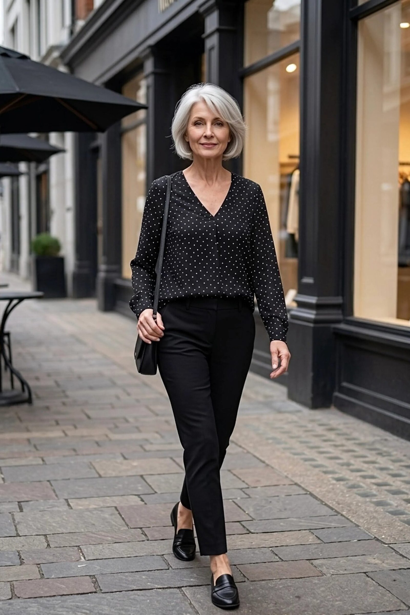 Older woman wearing a black polka dot blouse with black trousers on a city street