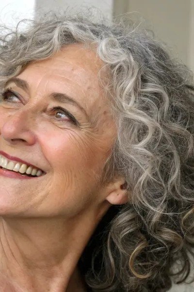 Silver curly medium hairstyle for older women with natural volume