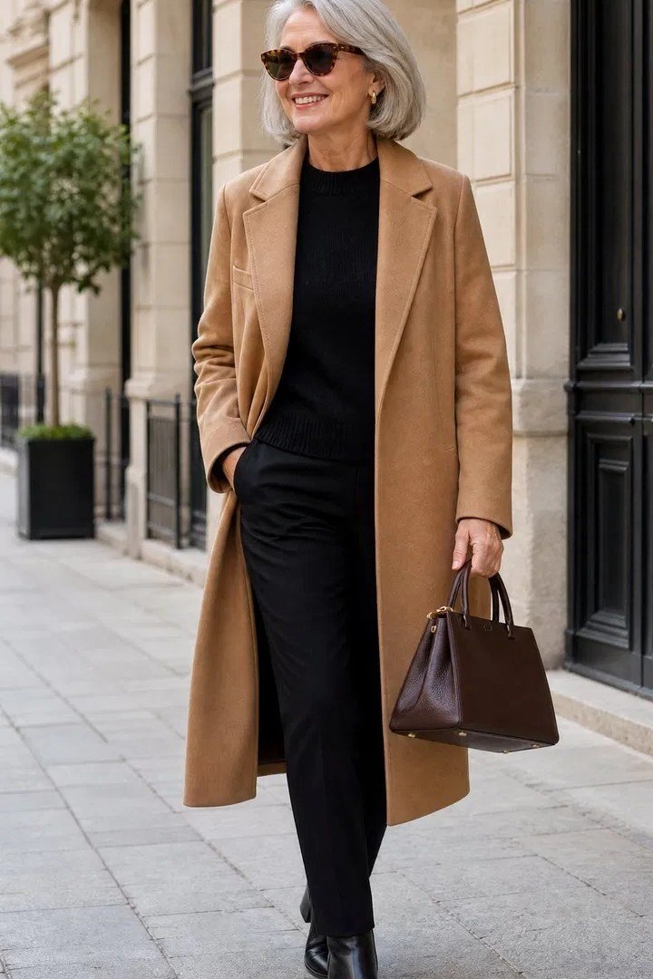 camel coat with black turtleneck and burgundy bag for women over 50