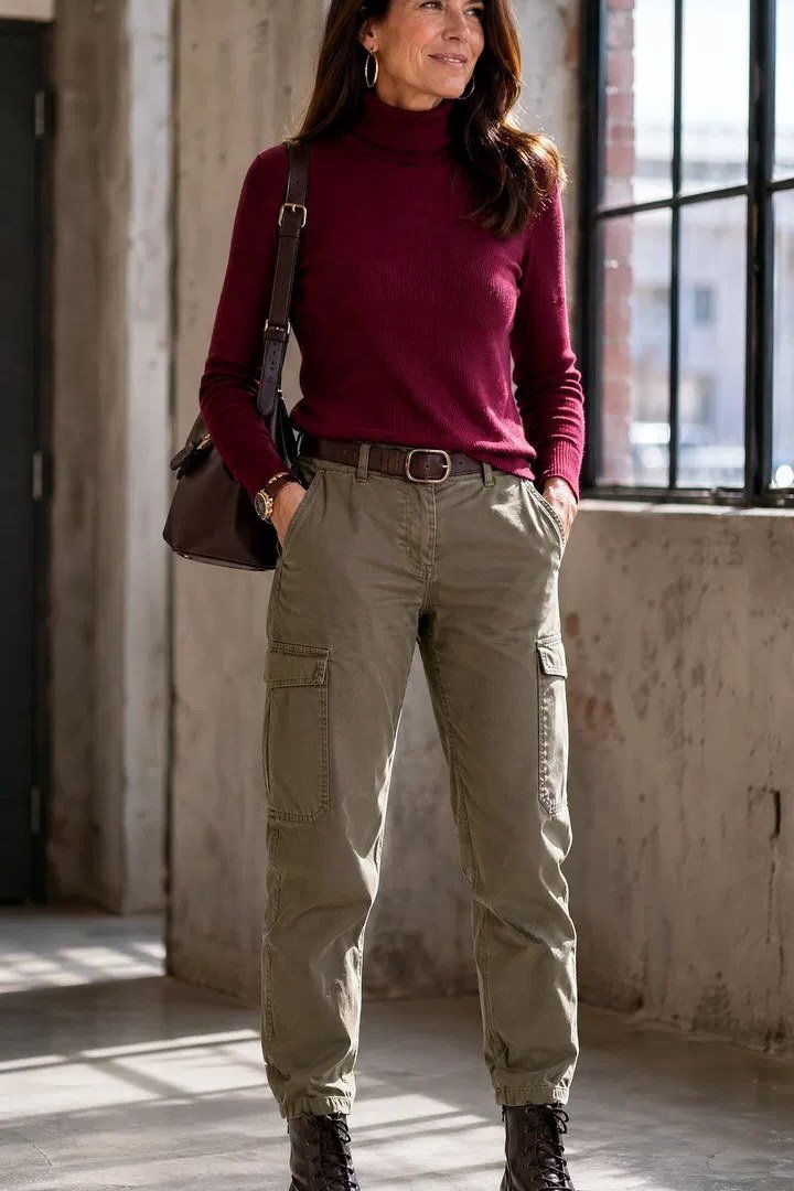 Burgundy turtleneck with olive cargo trousers and brown lace-up boots, trendy weekend outfit for women over 40