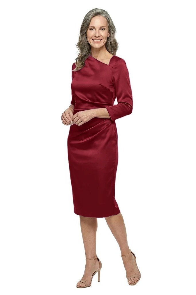 Wine-red satin pencil midi with slit for women over 50, fall date night outfit