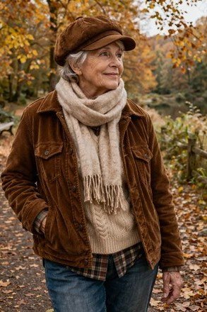 Casual fall outfit for women over 60: oatmeal duster cardigan, indigo jeans, white tee, sneakers