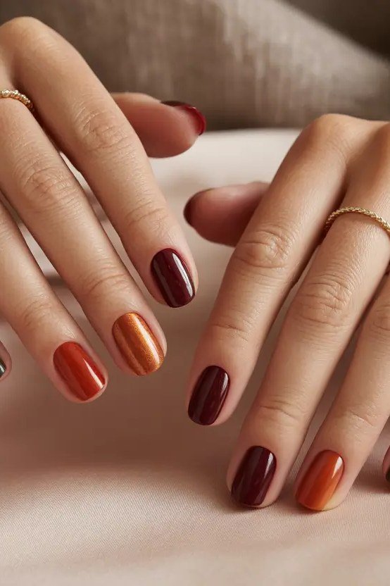 Midnight plum solid with gold starburst glitter accents, long square, glossy, fall nail color for women over 40