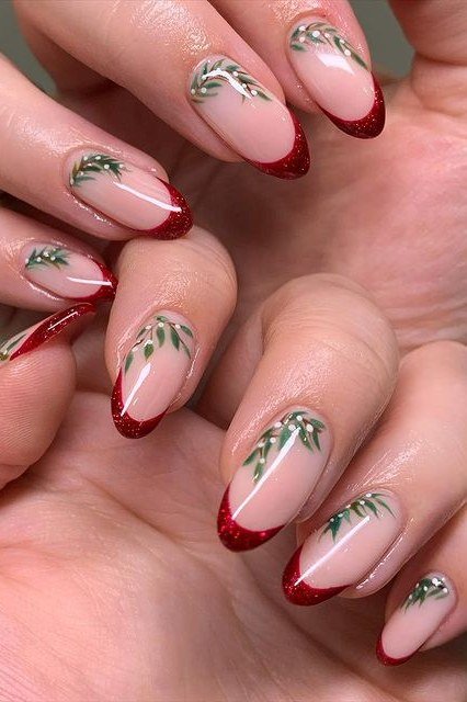 Red french tips with greenery nail art - Christmas nail design for older women