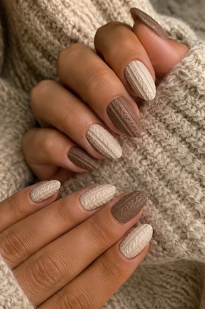 Taupe sweater-knit textured nails, fall nail design for older women