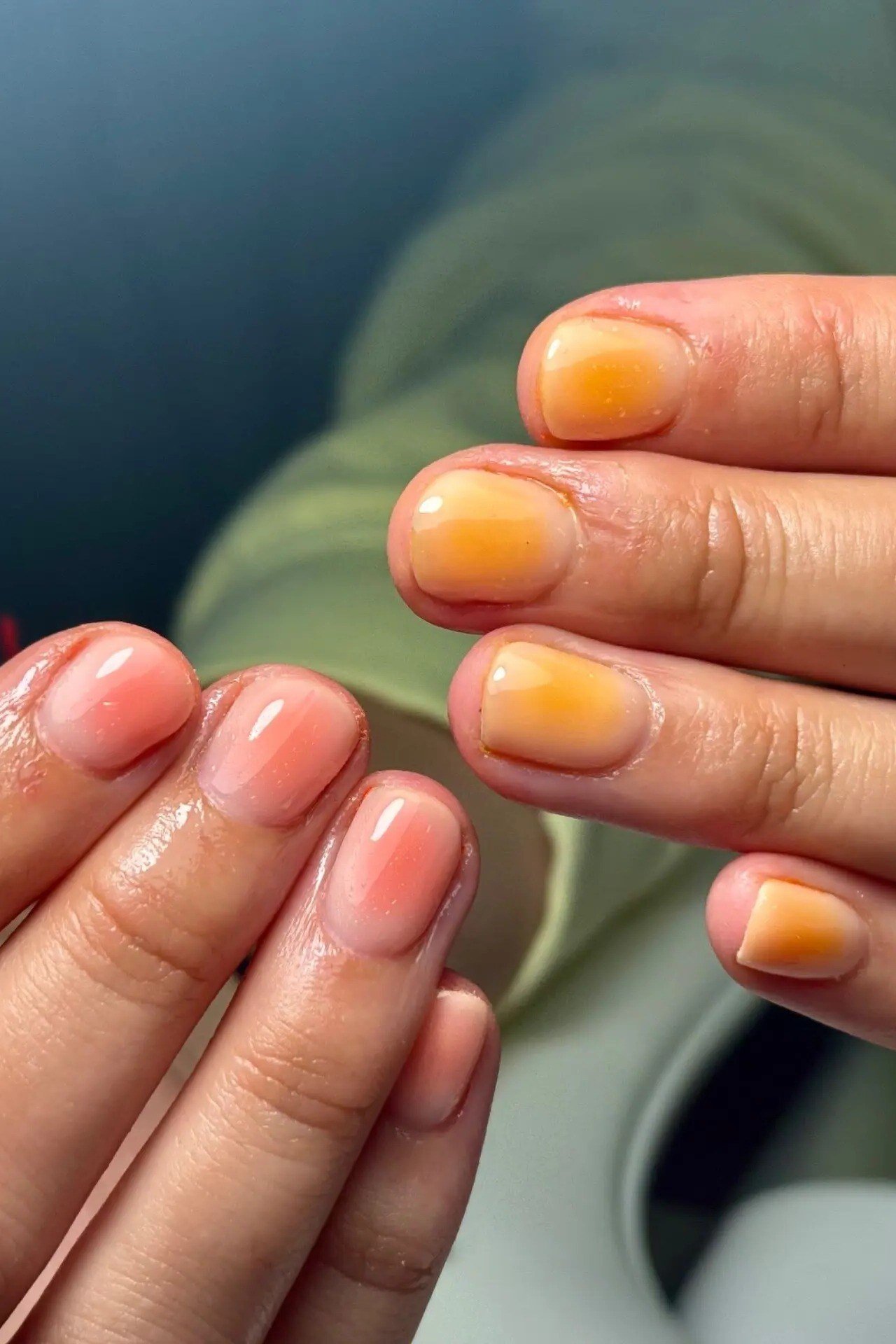 Orange to yellow ombre, short nails, glossy, ombre nail design for women over 60