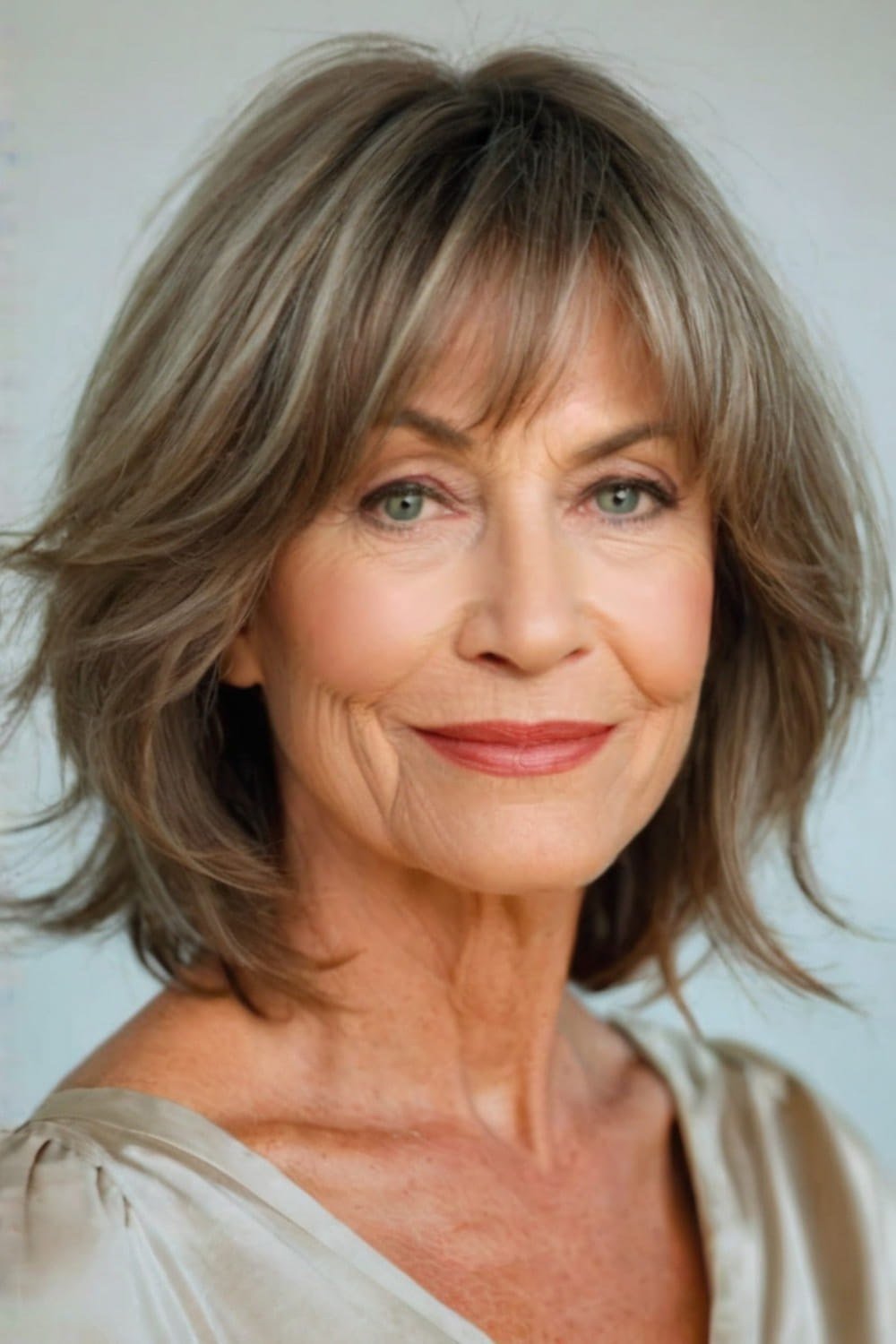 shaggy brown layers with bangs, front view, medium length hairstyle for women over 60