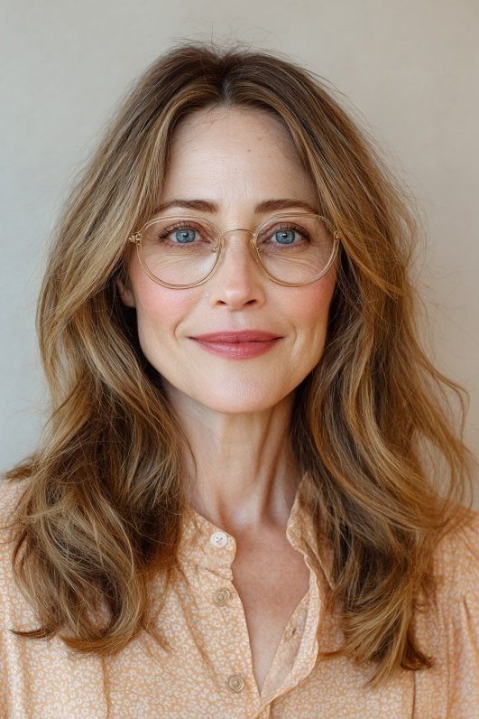 Honey-blonde long waves with face-framing pieces for women over 40