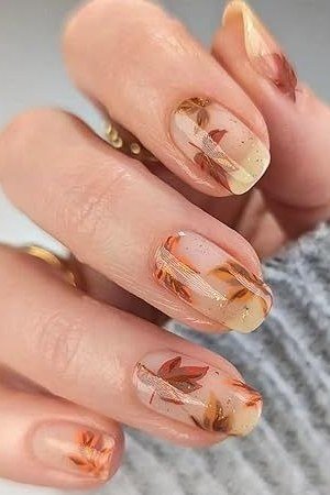 Amber leaf glass gel nails, translucent fall leaf nail design