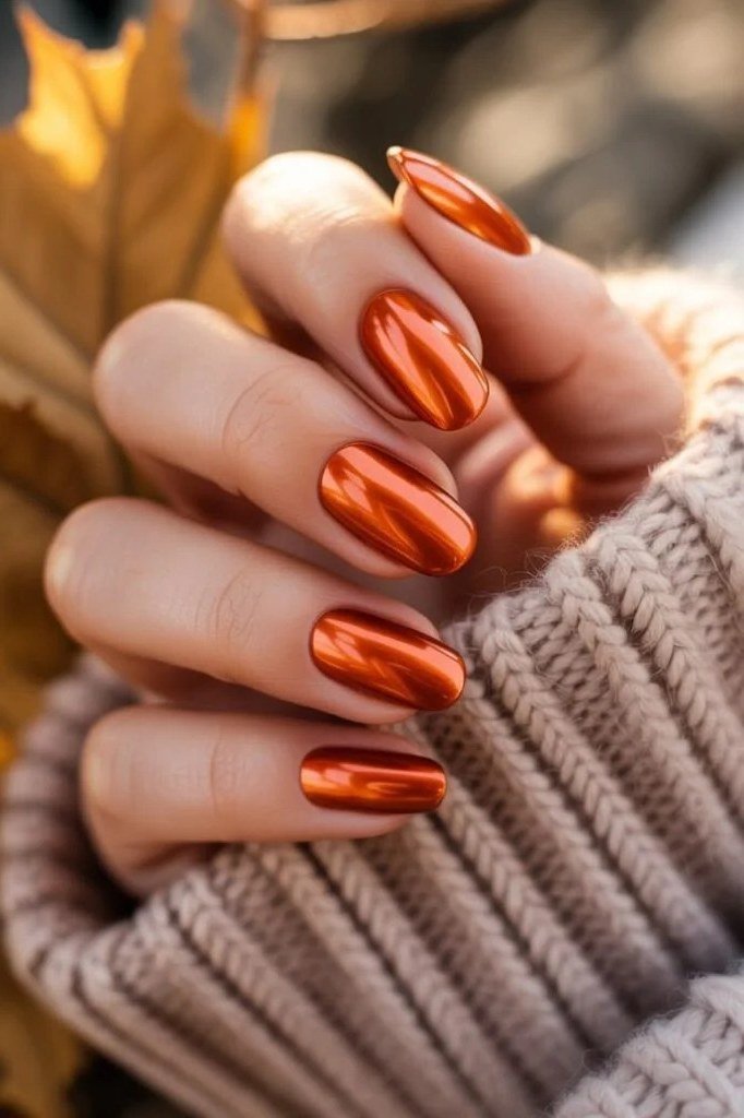 Copper orange chrome almond with leaf accent, elegant fall nail design for women over 40