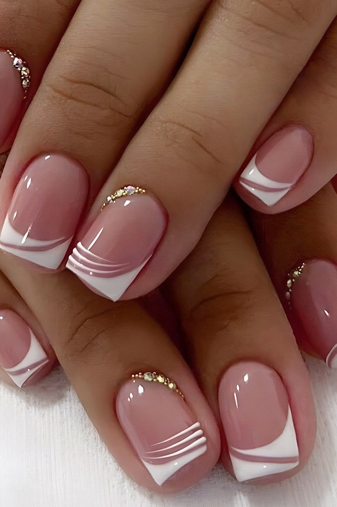 Mauve Nails with White French Tips and Gold Dots, elegant mauve nail idea for women over 60