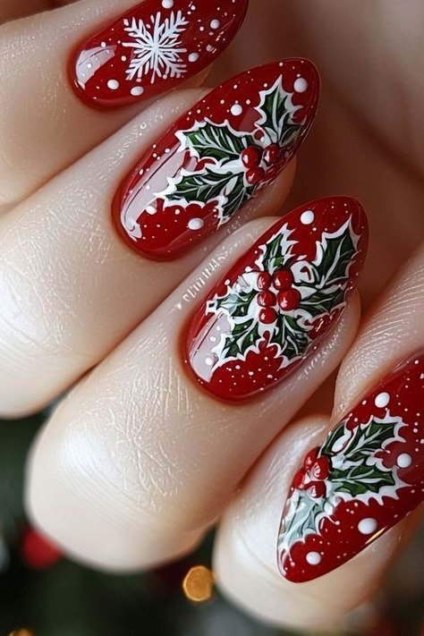 red christmas nails with holly leaf nail art