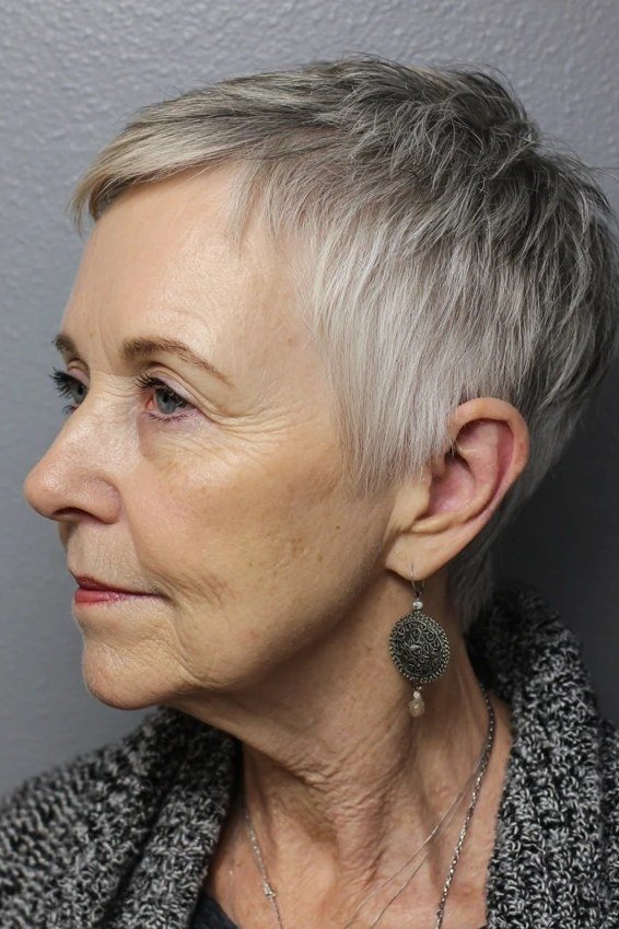Silver pixie with chunky layers - trendy short haircut for older women with fine hair