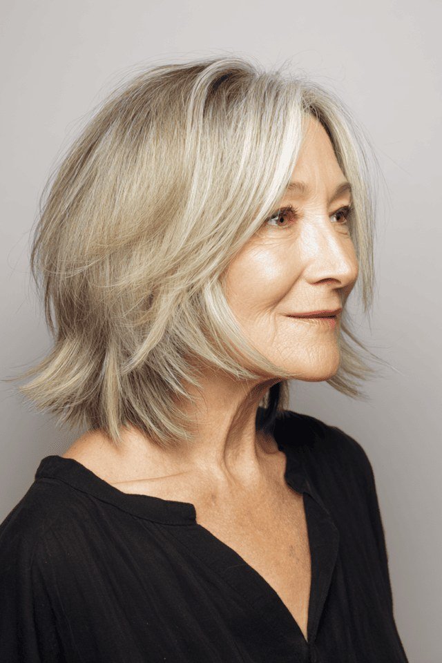 Blonde sleek bob, side view, woman in her 60s
