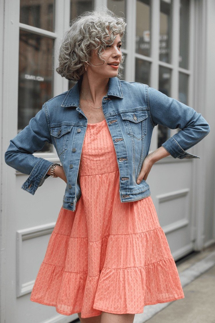 Denim Jacket Over a Coral Tiered Dress - flattering outfit idea for women over 50, how to dress better over 50