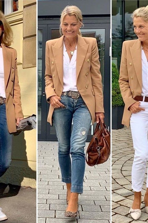 White Shirt and Navy Trousers With a Tan Blazer Over the Shoulders, smart casual outfit for women over 50