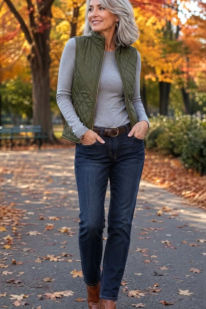 Easy casual outfit idea for women over 50: quilted vest with dark jeans, older woman everyday style