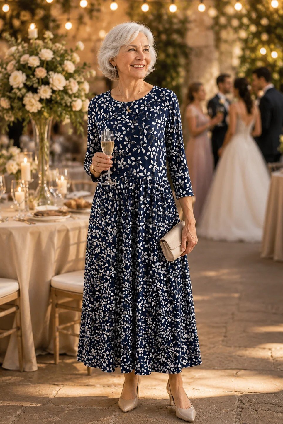 navy floral midi dress church outfit for women over 60