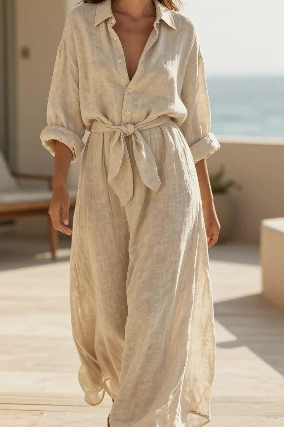 Sand belted shirt maxi dress, terrace for women over 60