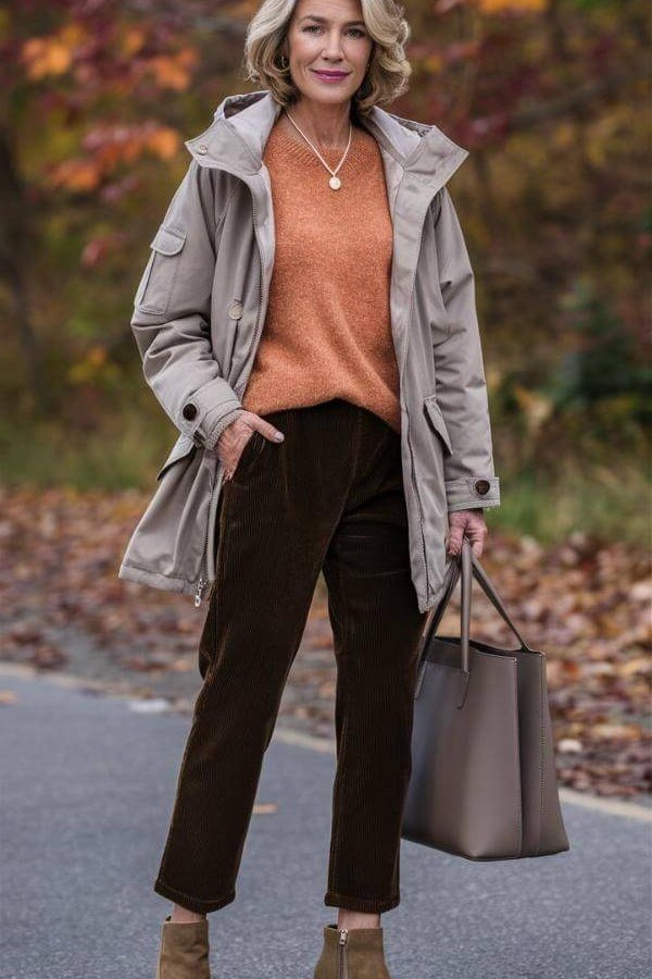 rust sweater and beige utility jacket fall outfit for women over 60