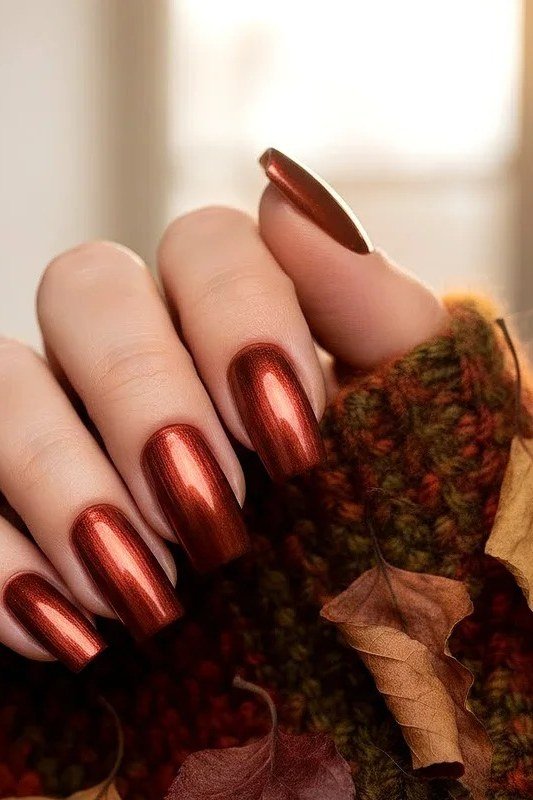 Metallic Copper Red in Fall Leaves - fall nail color idea for women over 60