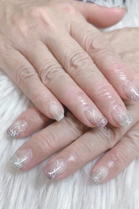 Frosty White Shimmer Nails - frosty white shimmer mature hands, glitter winter nail design for women over 60
