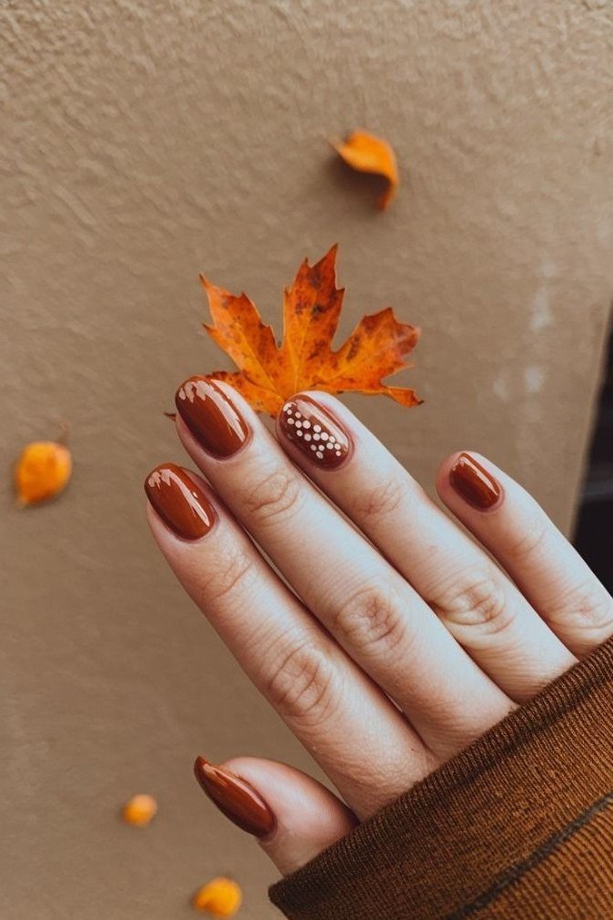 Chocolate Brown Nails with Red and Leaf Accents, chocolate brown fall nail design for women over 60