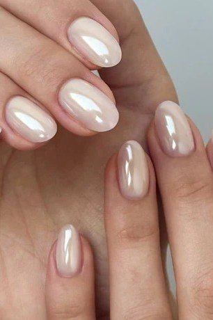 Pearl Chrome Nude Short Oval - elegant nude nail design for women over 60