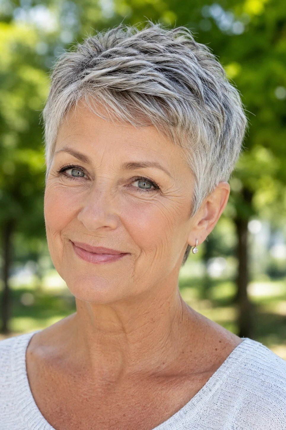 bright silver pixie for women over 50, front view