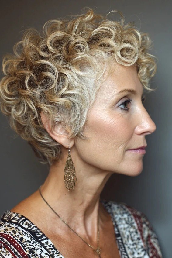 Blonde curly bixie haircut side view for women over 60