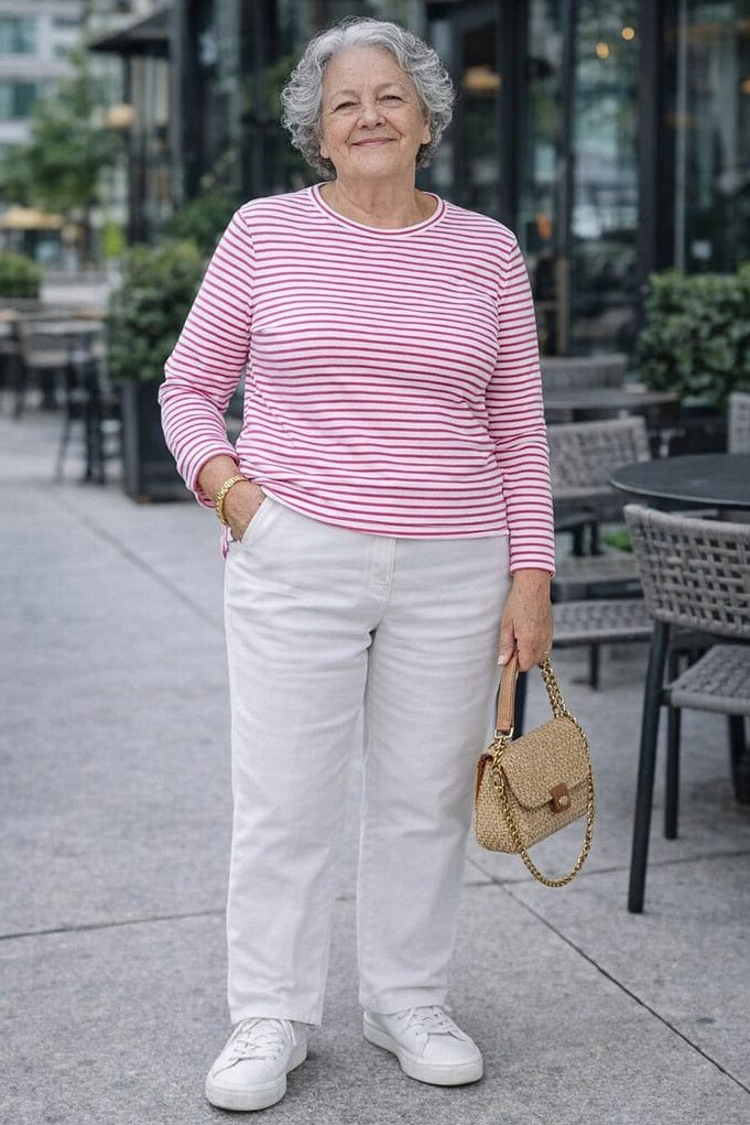 Pink Striped Tee with White Pants, classic casual outfit for women over 70