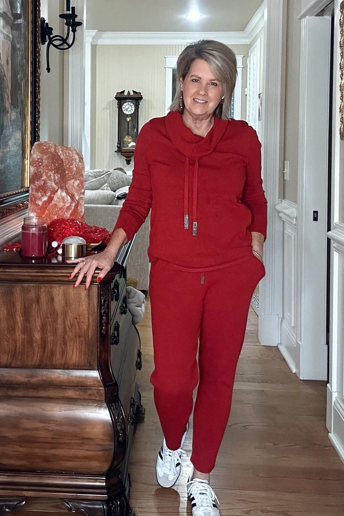 Red Matching Sweatsuit with White Sneakers - chic casual outfit for women over 50